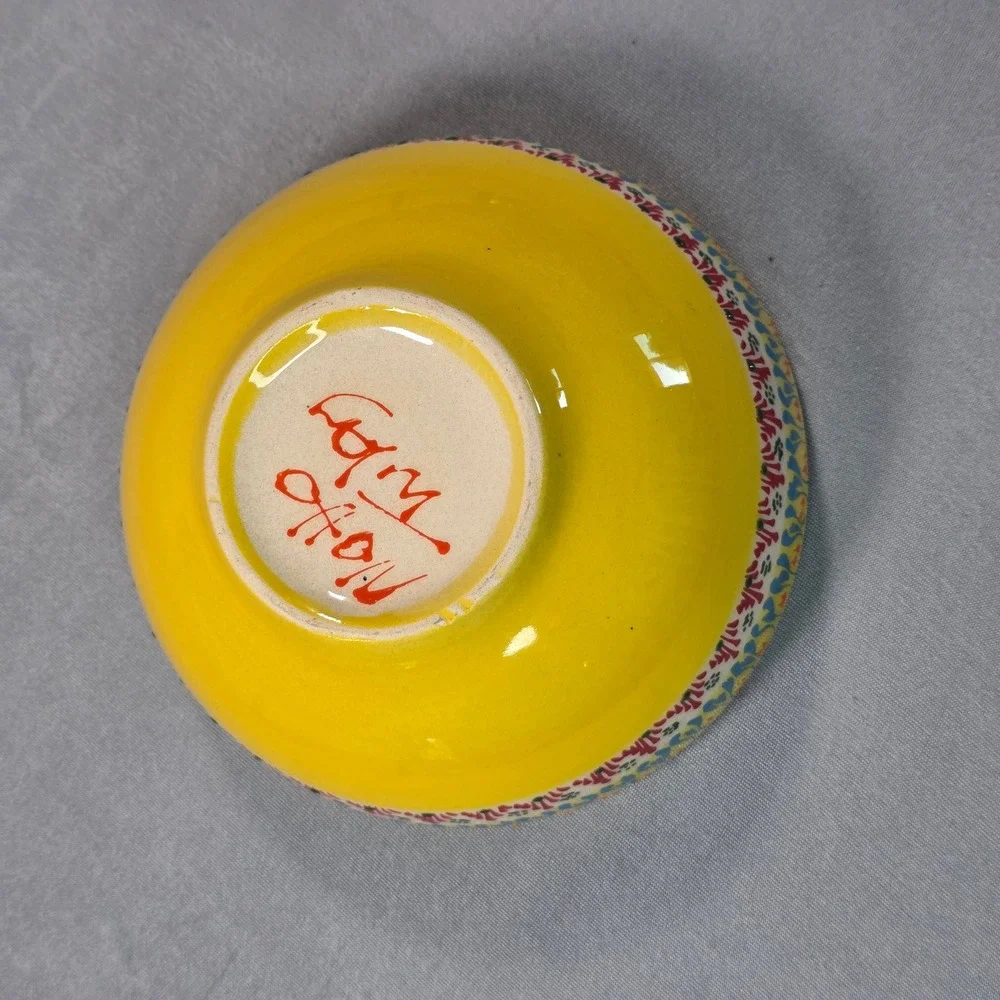Handcrafted Hand Painted Yellow Ceramic Bowl Floral Mandala Signed 6 Inch